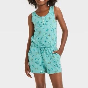 Cat & Jack Girls' Sleeveless Knit Butterflies Romper - Ocean Green L